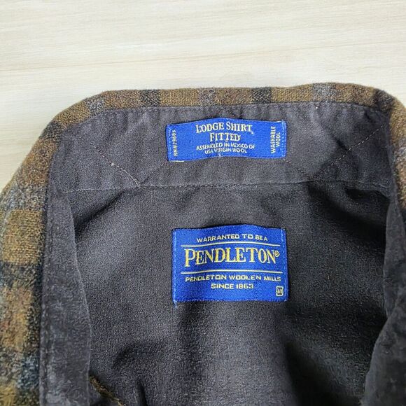 Pendleton Lodge Shirt Fitted Virgin Wool Button Flannel Brown Plaid Sz Medium - Picture 4 of 8